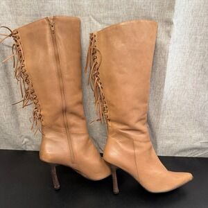 Two Lips Knee High Pointed Toe Boots Women's 8 Beige Faux Lace Up Back Side‎ Zip